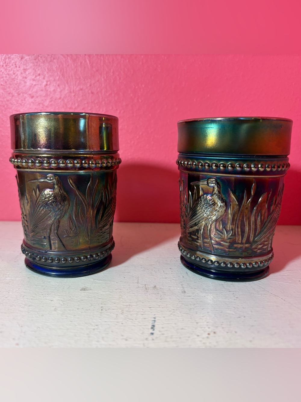Vintage Dugan Iridescent Stork & Rushes Carnival Glass Cups EUC Blue Rainbow Fun